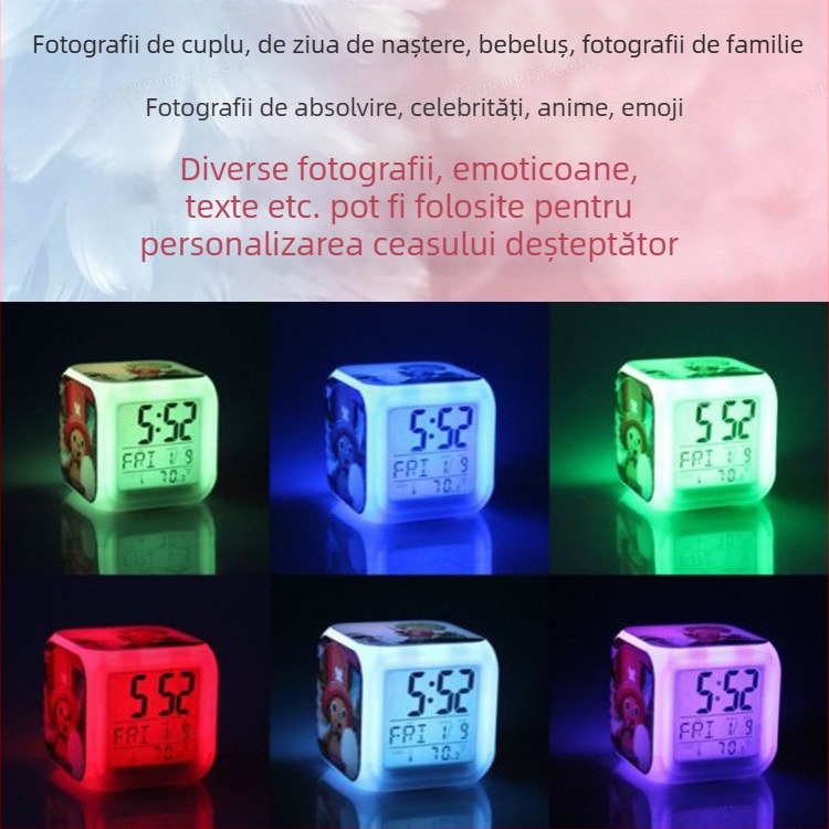 Ceas deșteptător cu ecran LED, lampă de noapte, afișaj 24 de ore, personalizabil cu imagini