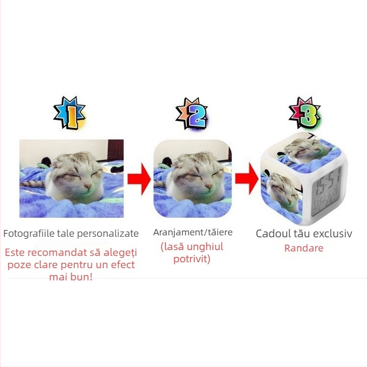 Ceas deșteptător cu ecran LED, lampă de noapte, afișaj 24 de ore, personalizabil cu imagini