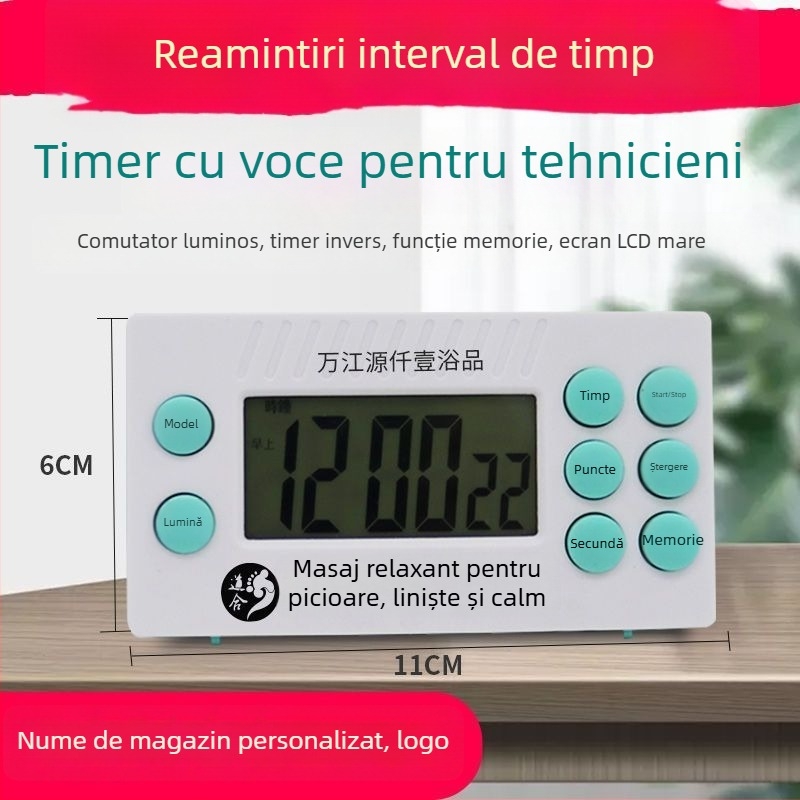 Cronometru de tip countdown pentru masajul picioarelor cu afișaj LCD, alarmă, alimentare cu baterii, carcasă din plastic
