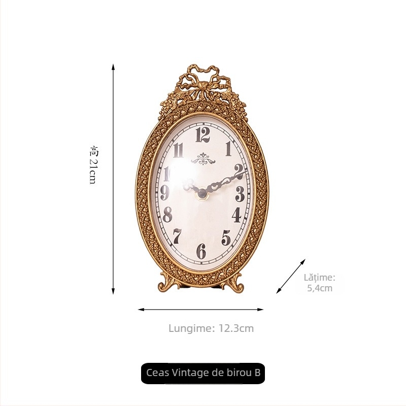 Ceas de masă, stil franțuzesc retro, lucrat manual, carcasă metalică, alimentare cu baterie, mișcare Sun, formă de funda