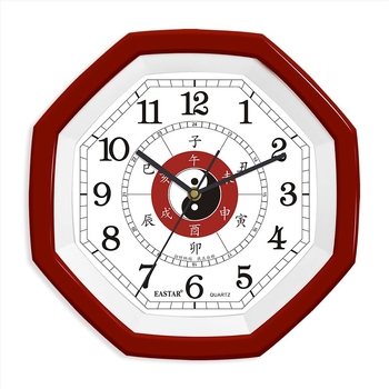 Ceas de perete octagonal, stil chinezesc (Mișcare Eastar, sweeping a secundelor, alimentare cu baterie, carcasă din plastic)