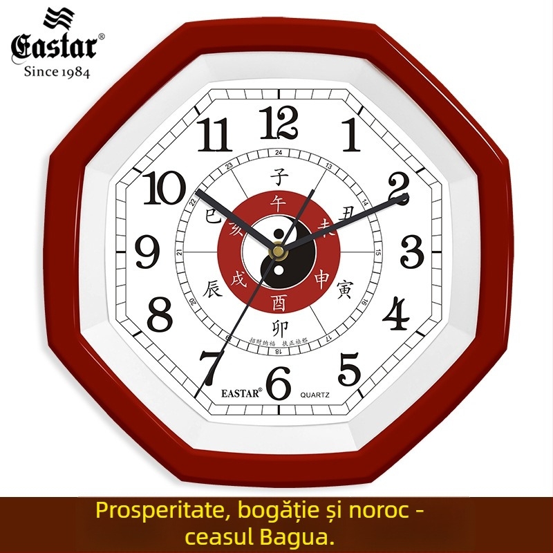 Ceas de perete octagonal, stil chinezesc (Mișcare Eastar, sweeping a secundelor, alimentare cu baterie, carcasă din plastic)