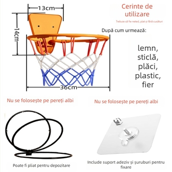 Coș de baschet interior pentru copii, montat pe perete, reglabil, PVC, 300 g, fără găuri, funcționare silențioasă.