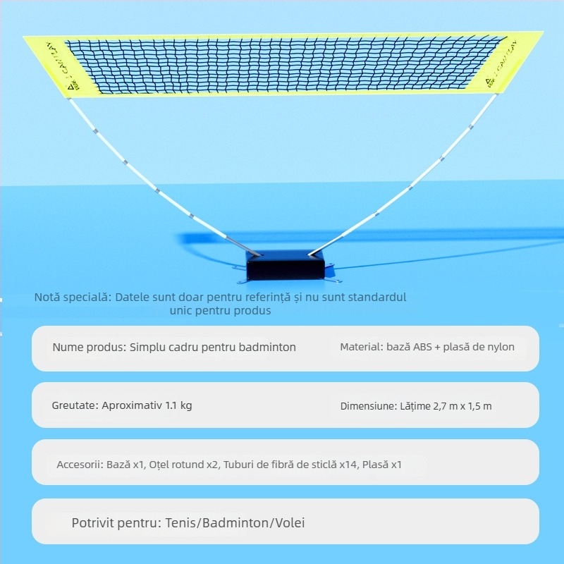 Peak Cadru de plasare net portabil pliabil pentru badminton — utilizare în interior și exterior, din nylon și fibre de sticlă, stâlpi detașabili