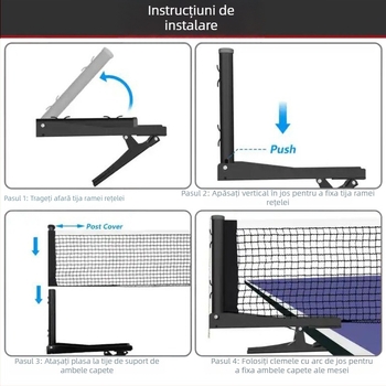 Suport pliabil pentru plasă de ping-pong, conform standardelor internaționale, cu plasă; construcție metalică; greutate 420 g; potrivit pentru ping-pong și tenis cu pene; suport pentru mingi