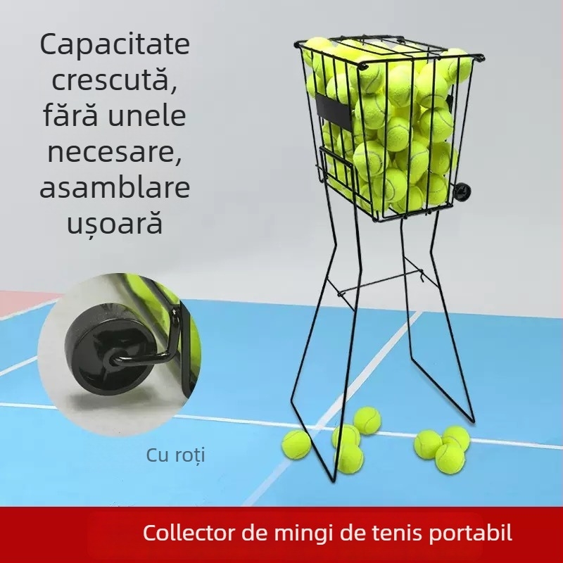 Coș portabil pentru mingi de tenis cu roți, pliabil, din fier, pentru tenis și badminton