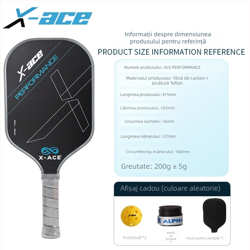 Paletă pickleball X-ACE, fibră de carbon, nucleu PP fagure, nivel profesional