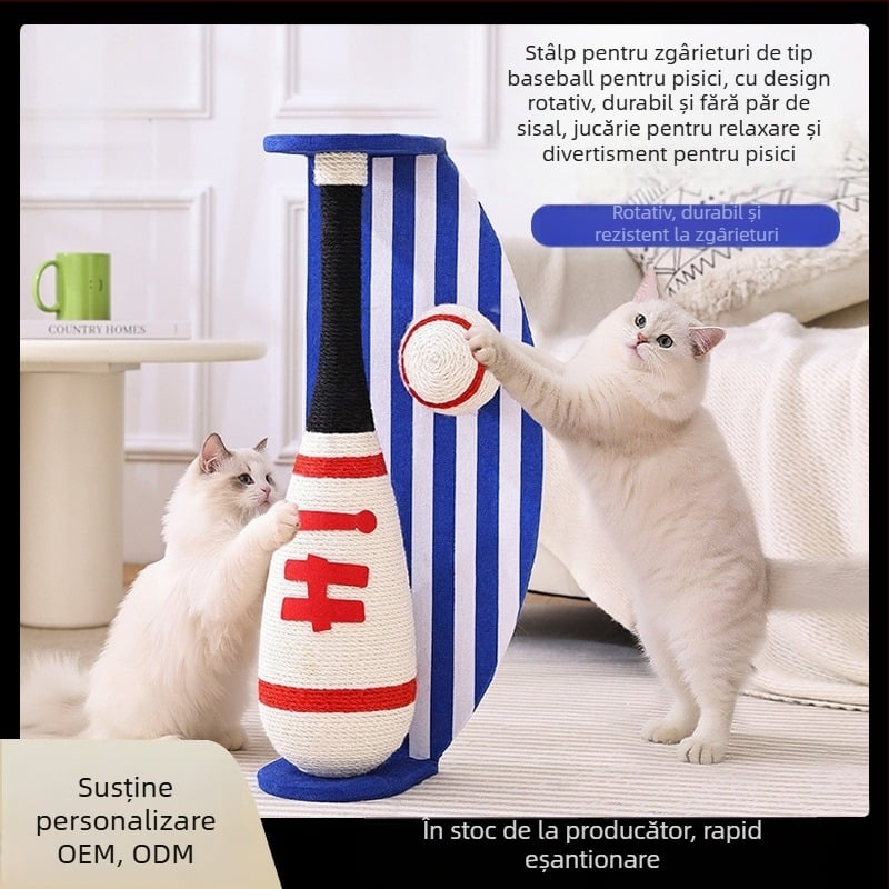 Stâlp de zgâriere pentru pisici în stil baseball, cu design rotativ, durabil, din sisal ce nu se destrame fibrele și placă de densitate, stil japonez