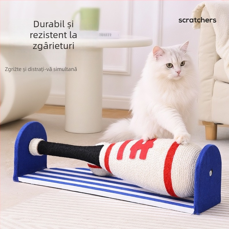 Stâlp de zgâriere pentru pisici în stil baseball, cu design rotativ, durabil, din sisal ce nu se destrame fibrele și placă de densitate, stil japonez