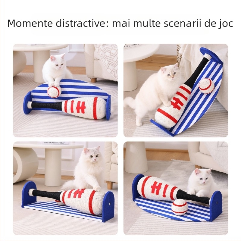 Stâlp de zgâriere pentru pisici în stil baseball, cu design rotativ, durabil, din sisal ce nu se destrame fibrele și placă de densitate, stil japonez