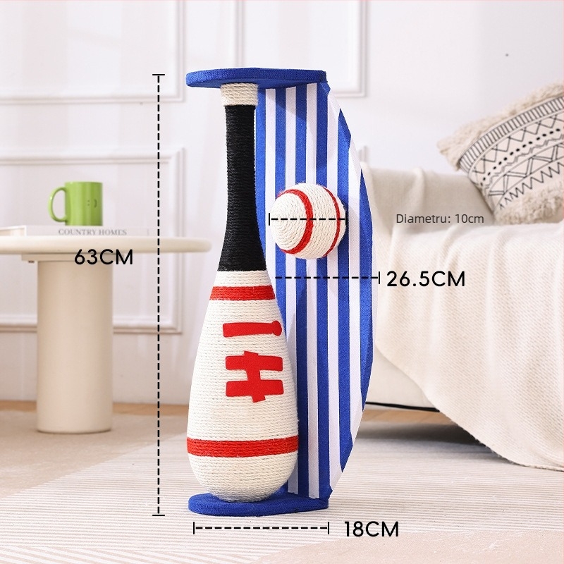 Stâlp de zgâriere pentru pisici în stil baseball, cu design rotativ, durabil, din sisal ce nu se destrame fibrele și placă de densitate, stil japonez