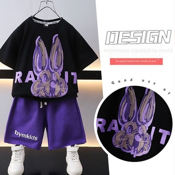 Set din două piese pentru vară: tricou cu mânecă scurtă și șorturi, imprimeu text, țesătură din bumbac, căptușeală din amestec de bumbac