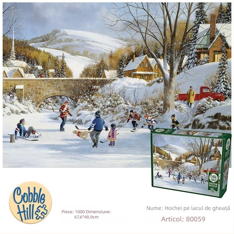Cobble Hill puzzle de 1000 de piese, Scenă de hochei pe gheață de Crăciun pentru adulți, din hârtie