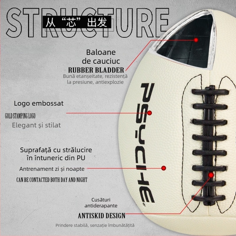 Balon aruncare pentru antrenament quarterback - Balon luminos din PU pentru passback, semi-rugby, exterior (Material: PU; Cusătură: mașină; Tip: semi-rugby; Caracteristică: luminos)