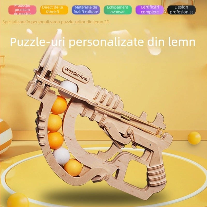 Puzzle 3D din lemn, formă de pistol ping-pong, DIY personalizabil, logo OEM, multifuncțional