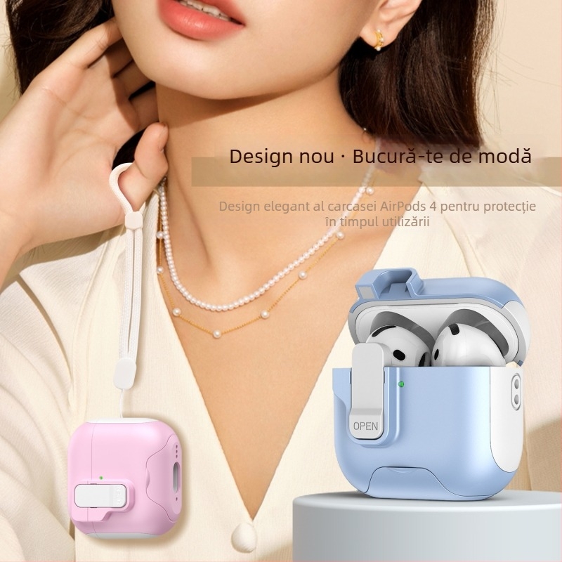 Husă de protecție pentru AirPods Pro 3 și AirPods 4, cu suport retractabil, TPU+PC