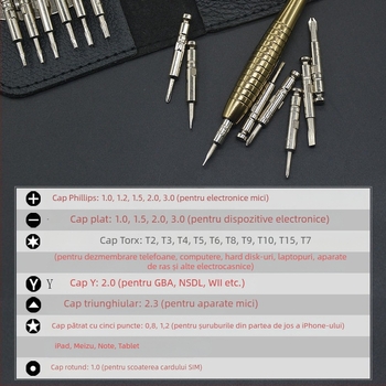 Set șurubelnițe pentru demontarea dispozitivelor Apple – pentru telefoane mobile și calculatoare, oțel carbon, bituri cu interior hex, include set de bituri