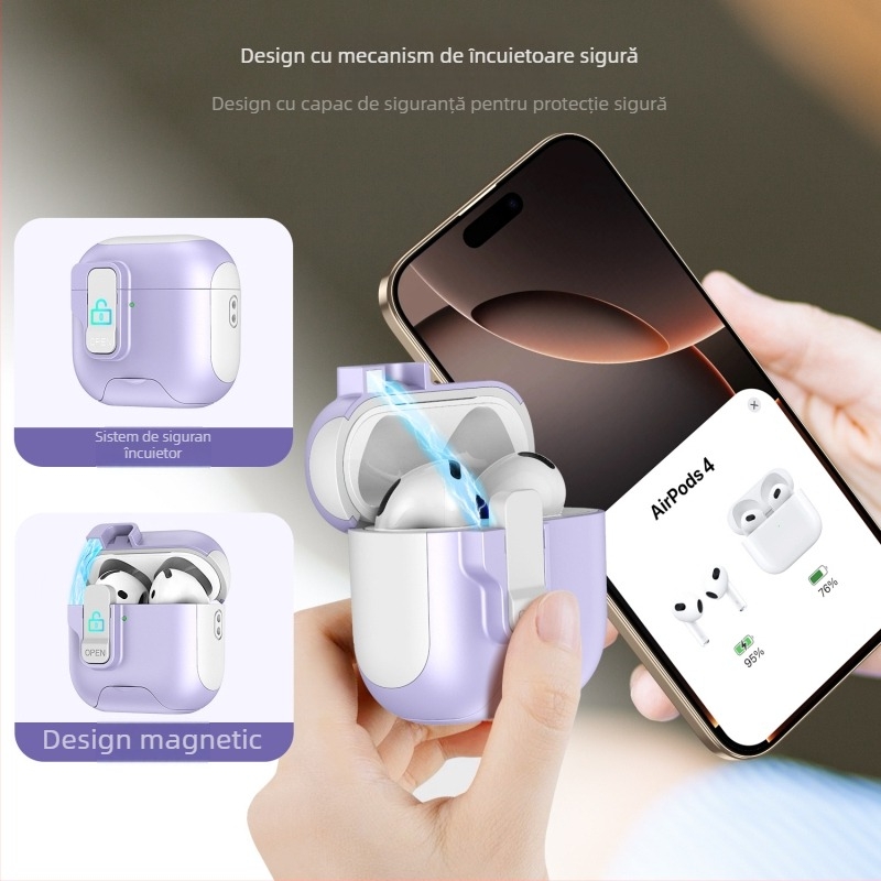 Husă de protecție AirPods Pro 3/4 cu suport glisant, TPU+PC, multifuncțional, portabil, compatibil Apple