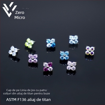 Capă de înlocuire pentru piercing buze din aliaj de titan, filet interior, modele cu patru frunze de trifoi și stea cu patru vârfuri, finisaj tăiat diamant