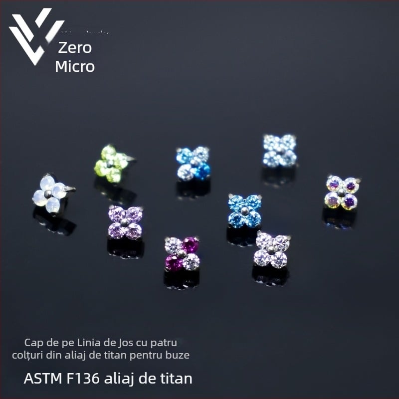 Capă de înlocuire pentru piercing buze din aliaj de titan, filet interior, modele cu patru frunze de trifoi și stea cu patru vârfuri, finisaj tăiat diamant