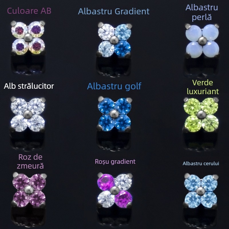 Capă de înlocuire pentru piercing buze din aliaj de titan, filet interior, modele cu patru frunze de trifoi și stea cu patru vârfuri, finisaj tăiat diamant