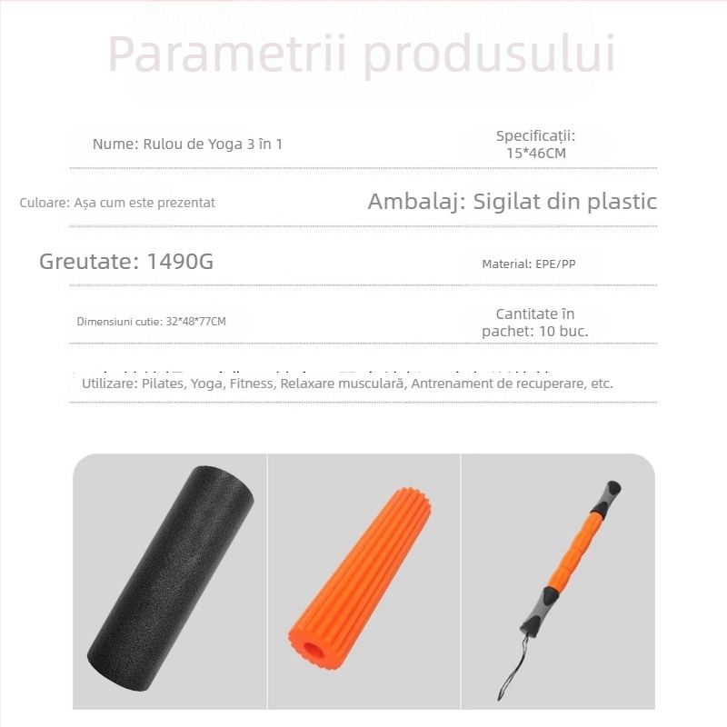 Set PE pentru yoga 3-în-1 cu role din burete și baston de masaj pentru relaxare profundă a mușchilor