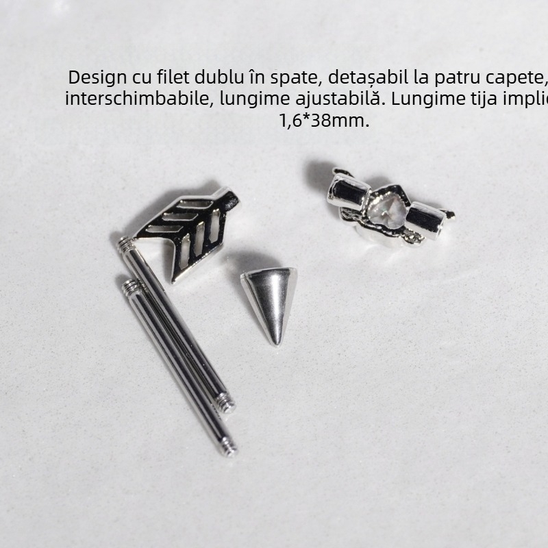 Barbell pentru piercing urechi cu inimă și săgeată, 316L oțel inoxidabil, zirconiu, tijă lungă