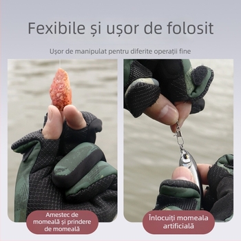 Mănuși de pescuit de iarnă – anti-înțepare și impermeabile, speciale pentru pescuit marin cu năluci, cu design cu trei degete expuse, îngroșate pentru pescuit pe gheață și protecție împotriva frigului