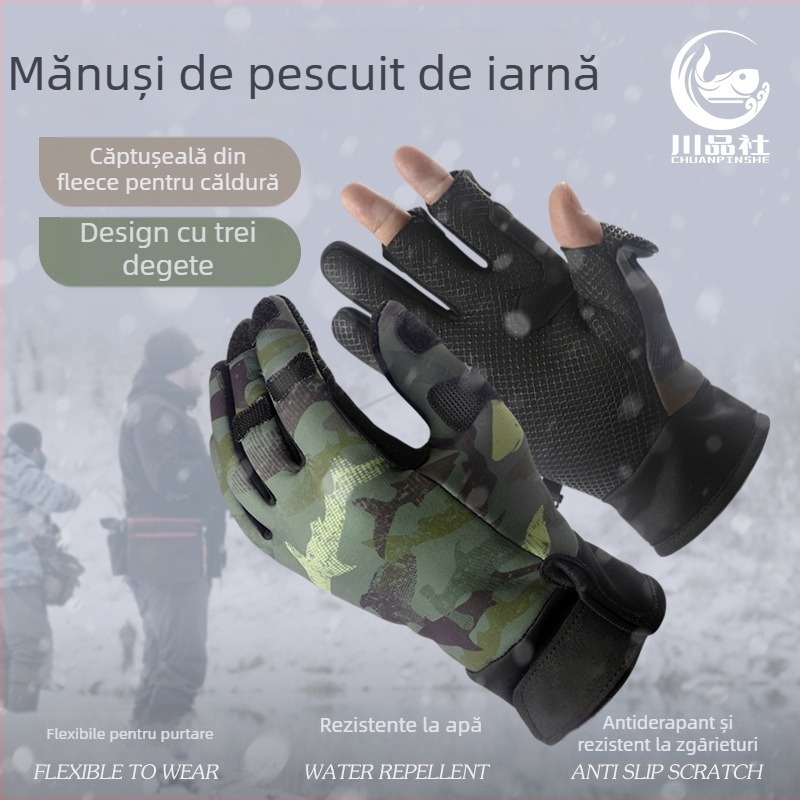Mănuși de pescuit de iarnă – anti-înțepare și impermeabile, speciale pentru pescuit marin cu năluci, cu design cu trei degete expuse, îngroșate pentru pescuit pe gheață și protecție împotriva frigului