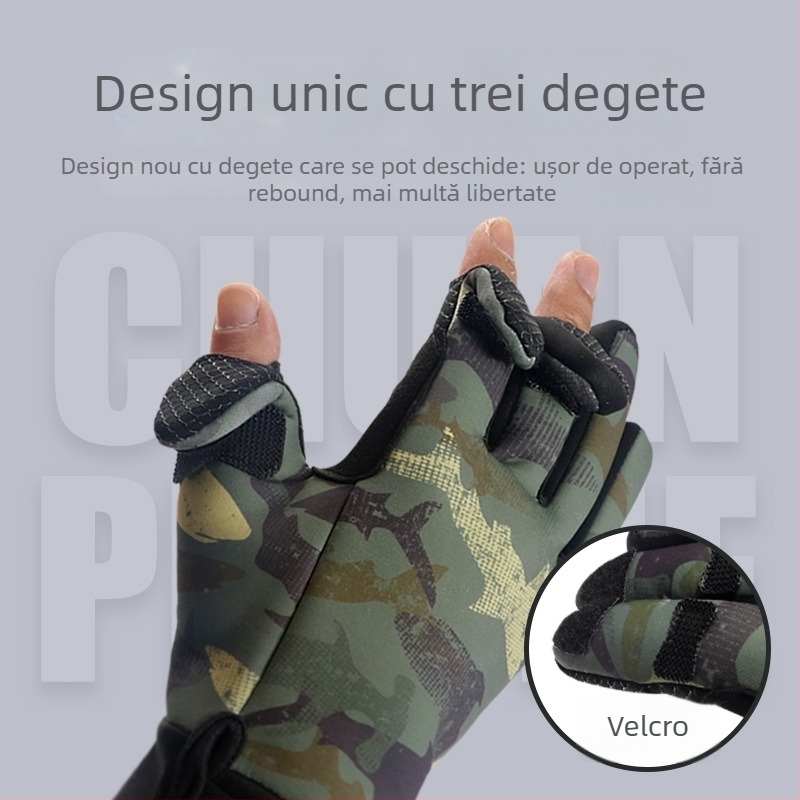Mănuși de pescuit de iarnă – anti-înțepare și impermeabile, speciale pentru pescuit marin cu năluci, cu design cu trei degete expuse, îngroșate pentru pescuit pe gheață și protecție împotriva frigului