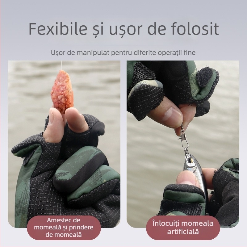 Mănuși de pescuit de iarnă – anti-înțepare și impermeabile, speciale pentru pescuit marin cu năluci, cu design cu trei degete expuse, îngroșate pentru pescuit pe gheață și protecție împotriva frigului