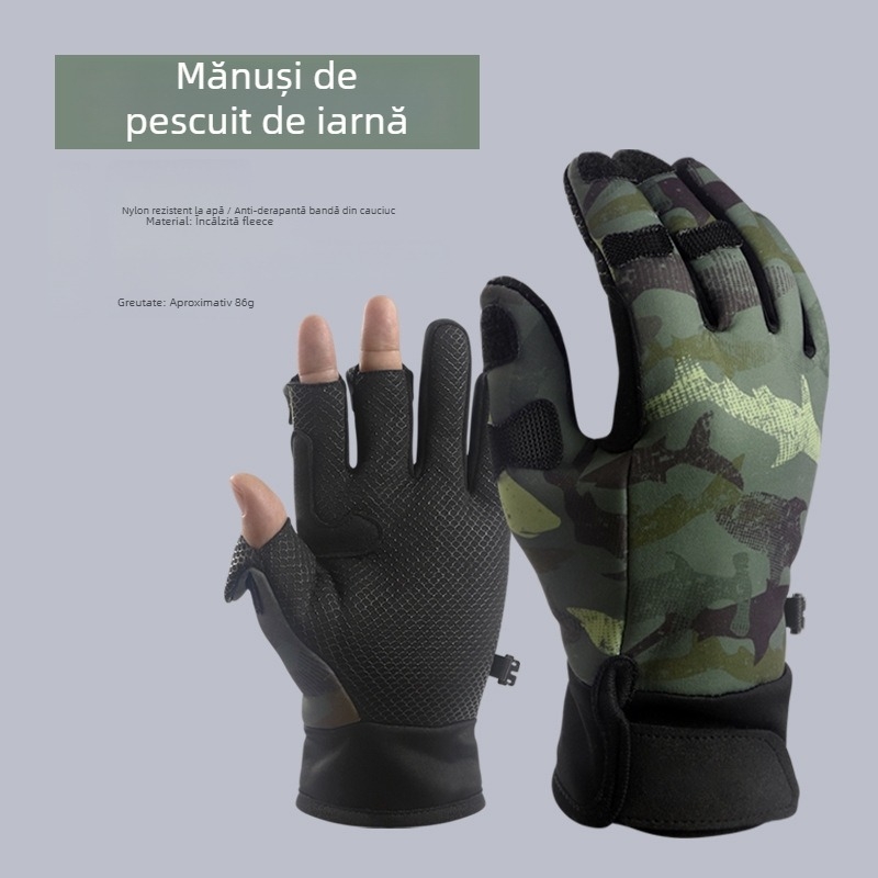 Mănuși de pescuit de iarnă – anti-înțepare și impermeabile, speciale pentru pescuit marin cu năluci, cu design cu trei degete expuse, îngroșate pentru pescuit pe gheață și protecție împotriva frigului