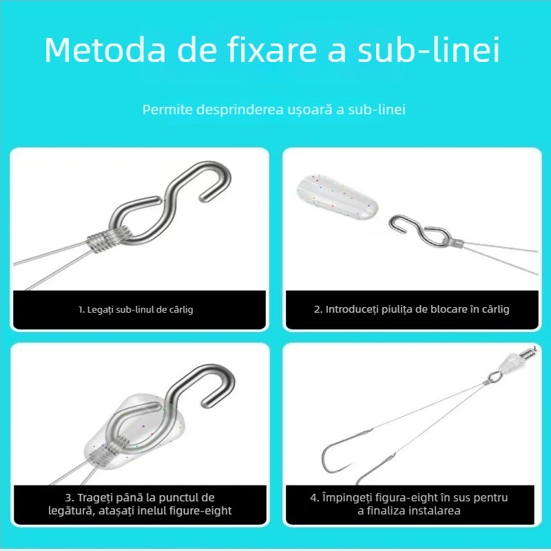 Clip de conectare rapidă pentru sub-linie de pescuit, cu conector detașabil și inel în formă de 8