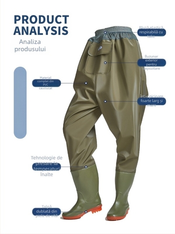 Haixiang pantaloni de pescuit din PVC, talie până la talie, impermeabili, 75 mm, 1 buzunar