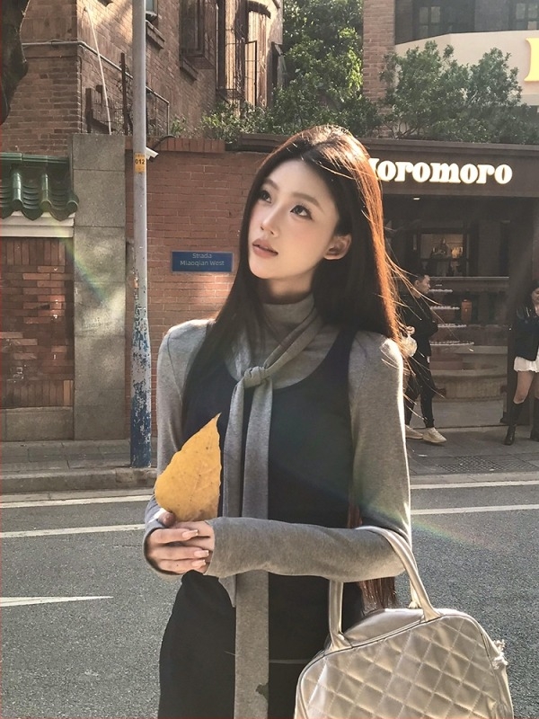 Set T-shirt pentru femei din două piese, guler înalt, mâneci lungi, material modal-spandex, stil girly, slim-fit