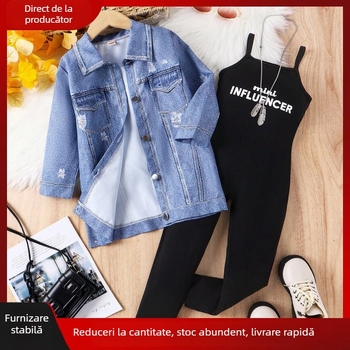 Set pentru fete, două piese, în stil denim imitation: salopetă cu imprimeu de litere și geacă din denim, toamnă-iarna, 3-8 ani, 65% bumbac