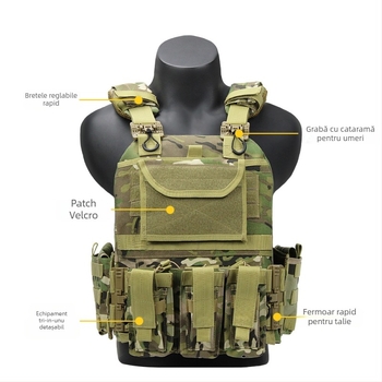 Veste tactică cu eliberare rapidă, echipament outdoor multifuncțional, model camuflaj, țesătură 600D, rezistent la uzură și vânt