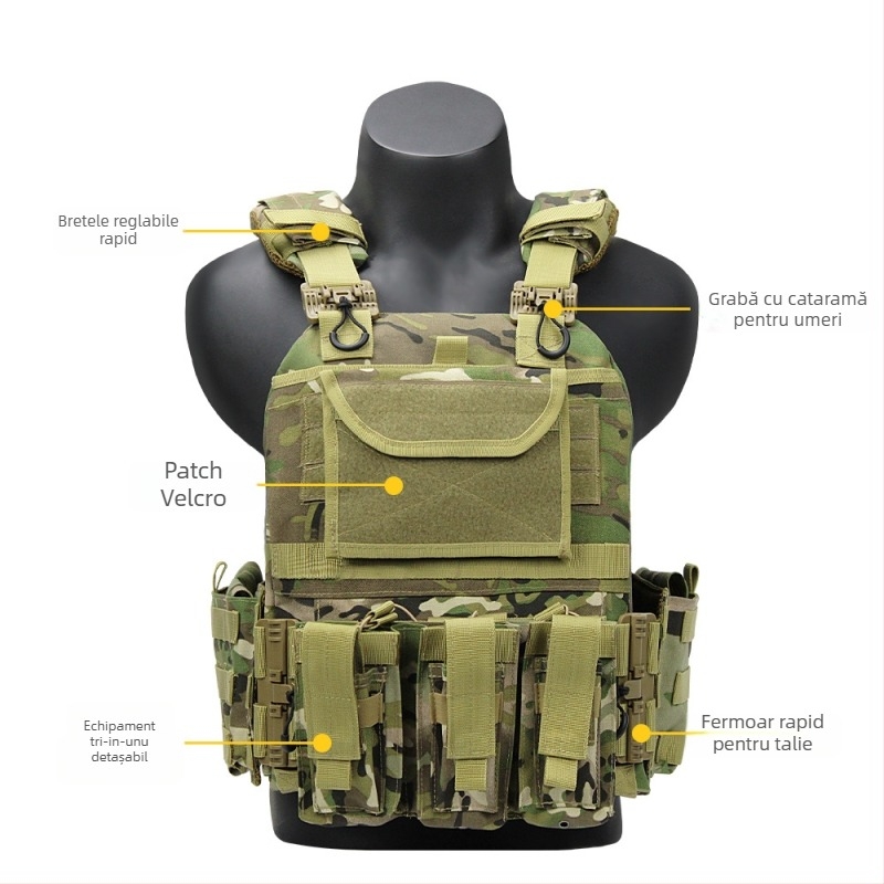 Veste tactică cu eliberare rapidă, echipament outdoor multifuncțional, model camuflaj, țesătură 600D, rezistent la uzură și vânt