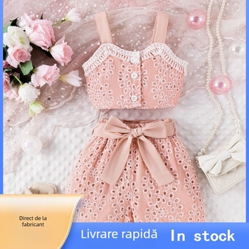 Set pentru copii din două piese: top fără mâneci și șorturi, stil drăguț, amestec bumbac-poliester, pentru fete 3–8 ani, vară și primăvară