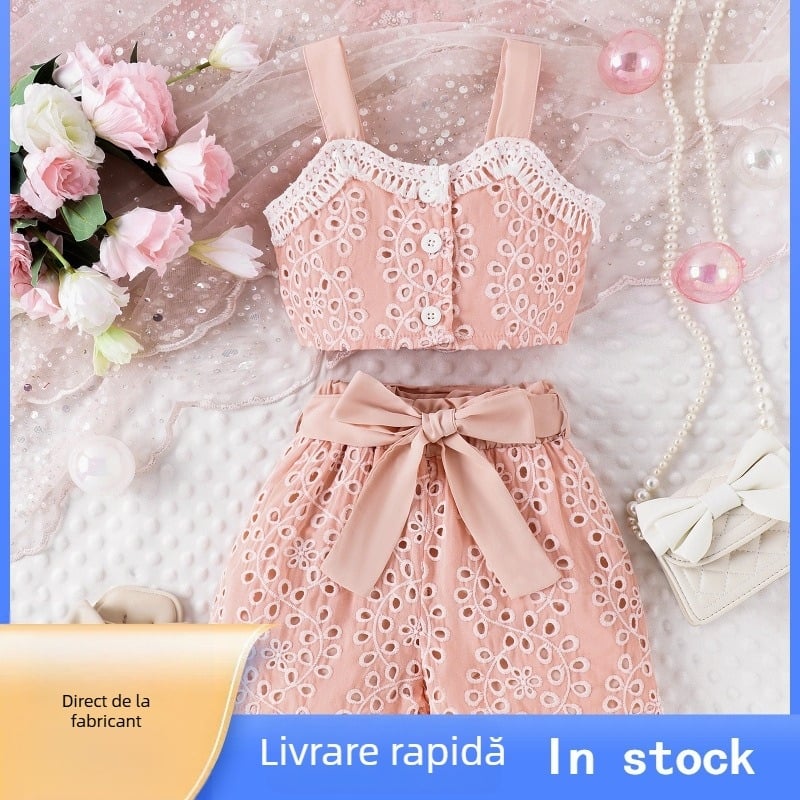 Set pentru copii din două piese: top fără mâneci și șorturi, stil drăguț, amestec bumbac-poliester, pentru fete 3–8 ani, vară și primăvară