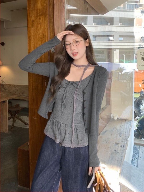 Set din două piese: cardigan tricotat în stil coreean și top cu model Wave Point, din fibră de viscoză, mâneci lungi, guler rotund, iarnă 2025