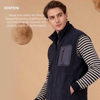 Vesta de iarnă pentru bărbați, cu căptușeală fleece, guler înalt, închidere cu fermoar, material poliester, fără glugă