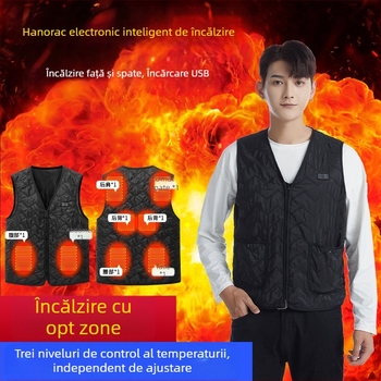 Vestă încălzită cu decolteu în V, încălzire în 8 zone, încărcare USB, croială slim, design cu buzunare multiple