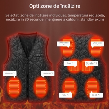 Vestă încălzită cu decolteu în V, încălzire în 8 zone, încărcare USB, croială slim, design cu buzunare multiple