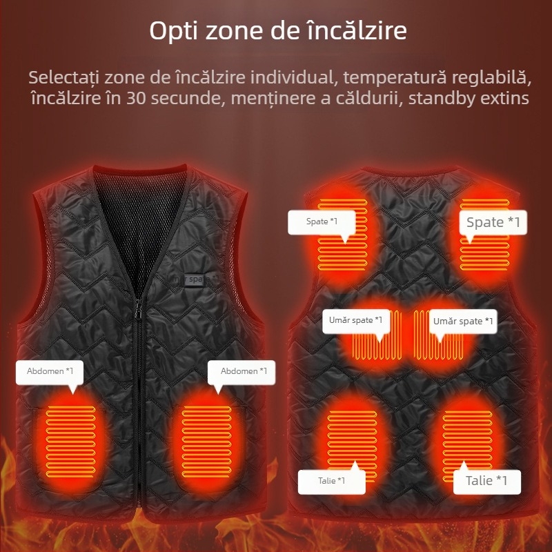 Vestă încălzită cu decolteu în V, încălzire în 8 zone, încărcare USB, croială slim, design cu buzunare multiple