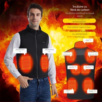 Vesta încălzitoare inteligentă – încălzire în 9 zone cu control dual, temperatură constantă, guler cu fermoar, material din amestec poliester