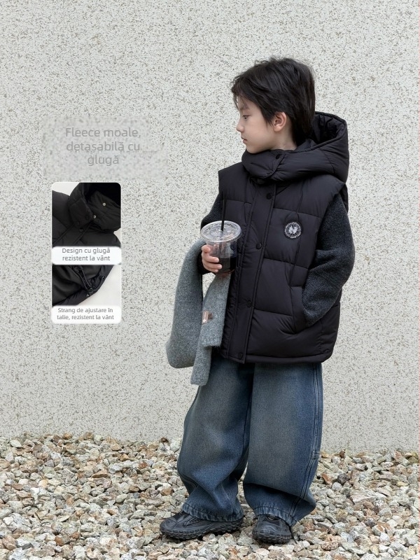Vestă de iarnă pentru copii, pentru băieți, cu glugă, croială lejeră, lungime scurtă, conținut puf 86–90%