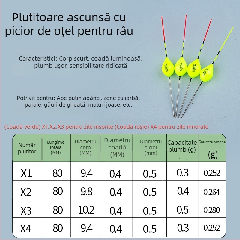 Plută de pescuit pentru ape puțin adânci, ultracompactă, cu picior din oțel, fără plumb