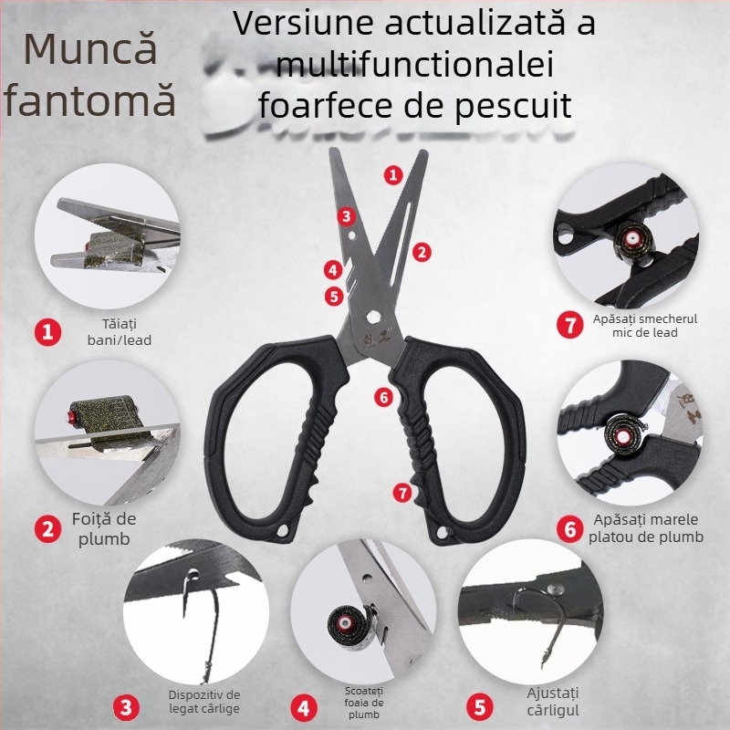 Ghost Work Foarfecă de pescuit multifuncțională cu lame din oțel inoxidabil și îndepărtător de cârlige