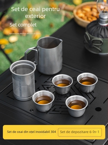 Set ceai exterior din oțel inoxidabil 304, 6 piese, pentru camping/picnic, include ceainic și cești, potrivit pentru fierberea ceaiului pe aragaz